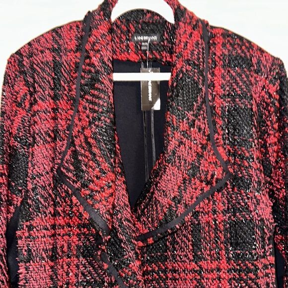 LANE BRYANT 26/28 Red Black Tweed Houndstooth Plaid Knit Back Combo Jacket - Picture 3 of 13